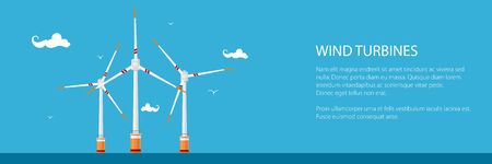 Banner with Offshore Wind Farm ,Horizontal Axis Wind Turbines in the Sea off the Coast, Vector Illustrationのイラスト素材