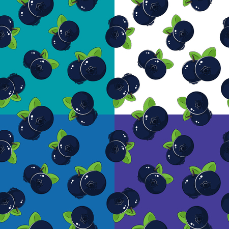 Set of four Seamless Fruit Patterns ,Berry Blueberries on White Green Purple and Blue Background, Vector Illustrationのイラスト素材