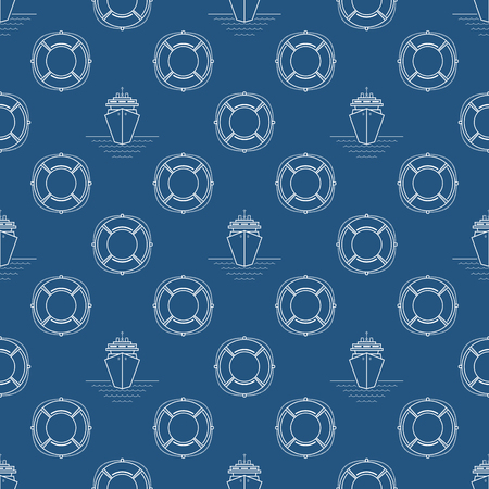 Seamless Travel Pattern with Cruise Ship and Lifebuoyのイラスト素材