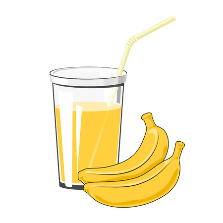 Glass with Fresh Fruit Juice with Bananas and a Straw Isolated on a White Background, Summer Time, Vector Illustrationのイラスト素材