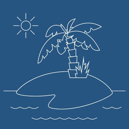 Tropical Island with Palm Tree in the Ocean on a Blue Background, Linear Style , Vector Illustrationのイラスト素材