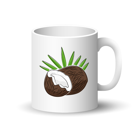 Cup Isolated on a White Background, Front View on a Mug with Tropical Fruit Coconut ,Vector Illustrationのイラスト素材