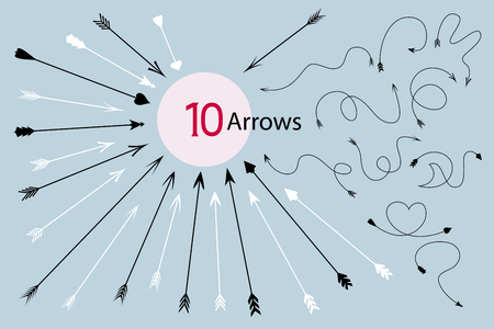 Set of Ten White and Black Arrows, Vector Illustrationのイラスト素材