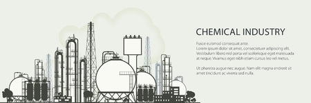 Industrial Chemical Plant Horizontal Banner , Refinery Processing of Natural Resources, Chemical Industry, Poster Brochure Flyer Design, Vector Illustrationのイラスト素材
