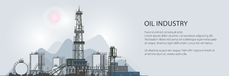 Oilfield Banner, Drilling Oil or Natural Gas Rig with Outbuildings and Tanks and Cisterns, Poster Brochure Flyer Design, Vector Illustrationのイラスト素材