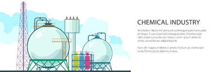 Banner of Chemical Plant , Refinery Processing of Natural Resources, Industrial Pipes and Text , Petrochemical Industry, Vector Illustrationのイラスト素材