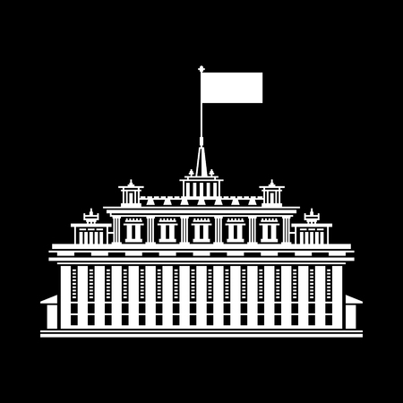 Silhouette Hotel House with a Flag on the Roof Isolated on Black, Bank or Court, Government Building , Financial Institution, Vector Illustrationのイラスト素材