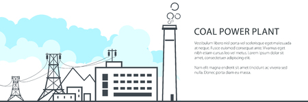 Power Station Banner, Complex Industrial Facilities with the Power Line and Coal Mine, Energy Industry, Poster Brochure Flyer Design, Vector Illustrationのイラスト素材