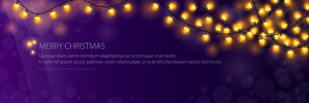 Banner with festive yellow glowing garlands, Merry Christmas, Christmas decorations, Vector Illustrationのイラスト素材