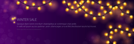 Banner with festive yellow glowing garlands, Winter sale, Christmas decorations, Vector Illustrationのイラスト素材