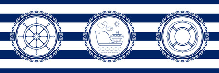 Banner with Sea Emblems on Seamless Striped Marine Background, Ship's Wheel and Ship and Lifebuoy , Vector Illustrationのイラスト素材