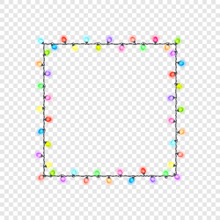 Square festive colored glowing garland, light bulbs without background , Christmas decorations, Vector illustrationのイラスト素材