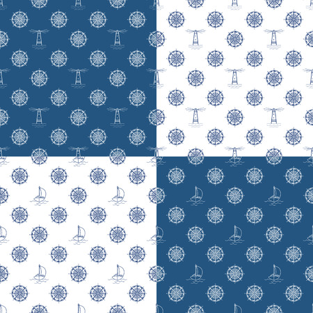 Set of Seamless Travel Patterns with Yacht , Lighthouse and Windrose, Maritime Tourism Concept , Line Style Design, Vector Illustrationのイラスト素材