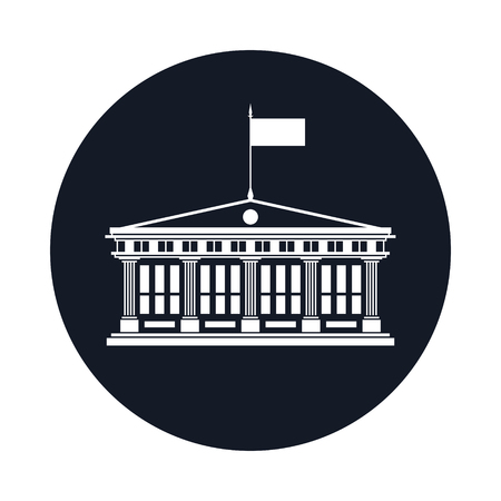 Silhouette School House with a Flag on the Roof Isolated on Black, Icon with Bank or Court, Government Building or Hotel, Financial Institution, Vector Illustrationのイラスト素材
