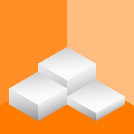 Rectangular boxes for demonstration, orange wall and floor, white podium stand, vector illustrationのイラスト素材