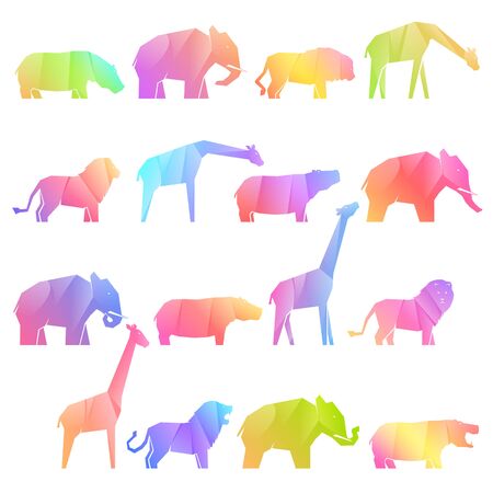 Set of 16 multi-colored gradient african animals in different poses, lions and hippos, elephants and giraffes, vector illustrationのイラスト素材