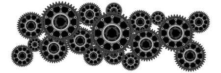 Banner of gear wheels or cogs, technology and industry, teamwork concept, black and white vector illustrationのイラスト素材