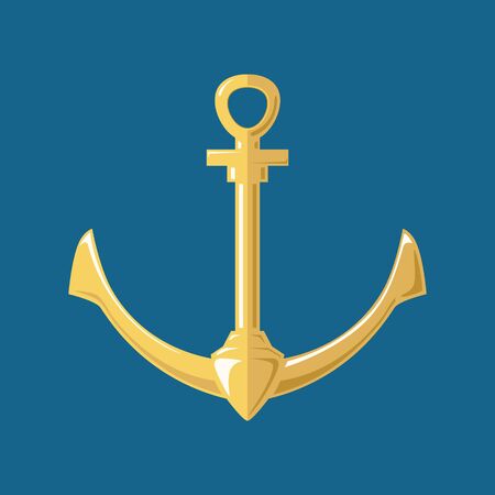Gold flat anchor isolated on a blue background, silhouette marine equipment, travel and tourism concept, vector illustrationのイラスト素材