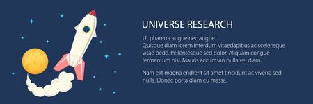 Banner with space rocket flying in space and text , yellow moon with stars, planet with craters in...