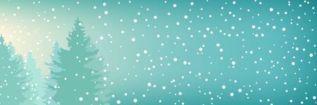 Winter banner with snowfall in the forest, fir trees in winter in snowfall, christmas winter landscape in turquoise shades , vector illustrationのイラスト素材