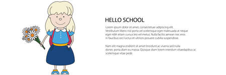 Little schoolgirl with flowers in hand , with a backpack behind her , back to school banner, vector illustrationのイラスト素材