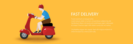 Banner of young guy rides a scooter, red vintage scooter with man isolated on orange background, vector illustrationのイラスト素材