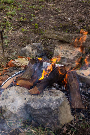 Rest in the garden in nature, preparing a fire for making a barbecue, fire from cherry wood