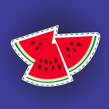 Watermelon slices with seeds sticker on a purple violet pop art halftone background, black dots in the form of a circle , pins or patches, retro style, vector illustrationのイラスト素材