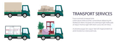 Green small trucks with different loads , empty and covered trucks, lorries with furniture and windows, delivery services banner, transport services and logistics, vector illustrationのイラスト素材