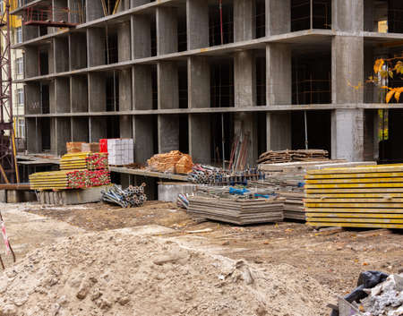 Construction of a multi-storey building in the city, concrete walls with reinforcementの写真素材