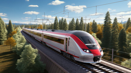 Modern passenger transportation, locomotive with wagons for passengers, generative aiの素材