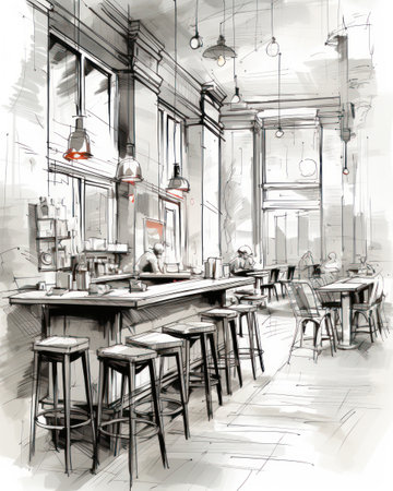 Professional cafe space sketch, generative aiの素材