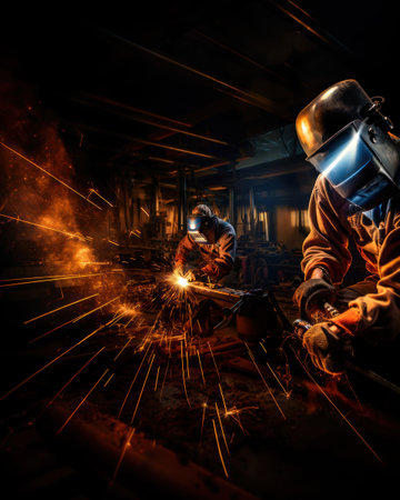Welding work in a factory, a male welder welds steel, generative aiの素材