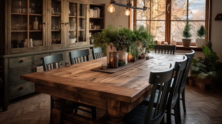 Classic dining room in rustic and contemporary style, generative aiの素材