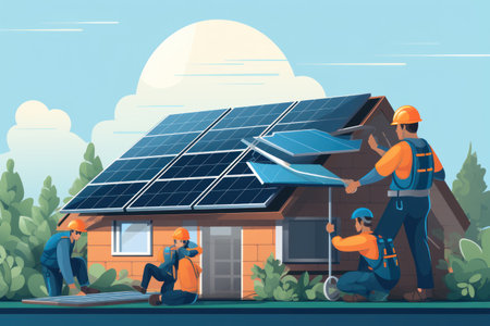 Workers install solar panels on the roof of the house, eco energy, green technologies, sustainable resources, illustrationの素材