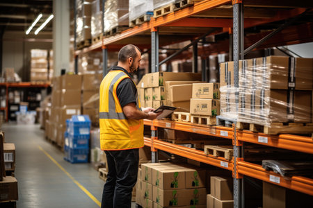 Warehouse worker near shelves full of cardboard boxes, a store warehouse or a sorting room for product deliveryの素材