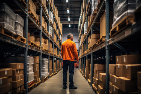 Warehouse worker near shelves full of cardboard boxes, a store warehouse or a sorting room for product deliveryの素材
