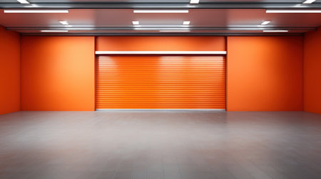 Closed orange roller shutters, closed storage area or garage, warehouse spaceの素材