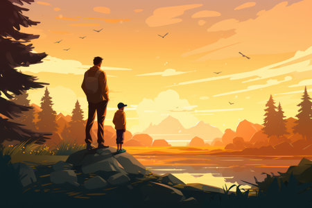Grandfather and grandson fishing on the river, summer holidays with grandparents, illustrationの素材