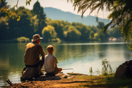 Grandfather and grandson fishing on the river, summer holidays with grandparentsの素材