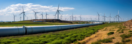 Industrial landscape with pipeline systems, hydrogen alternative energy, pipes pumping hydrogen or gas, wind turbines on the backgroundの素材