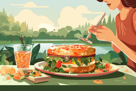 Woman on vacation in park or forest having homemade lunch from lunchbox, picnic and relaxation area, illustrationの素材