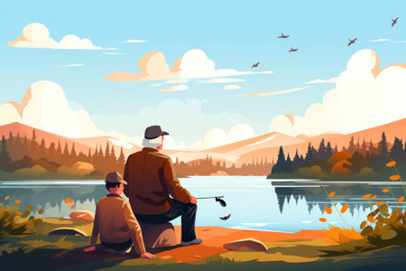 Grandfather and grandson fishing on the river, summer holidays with grandparents, illustrationの素材