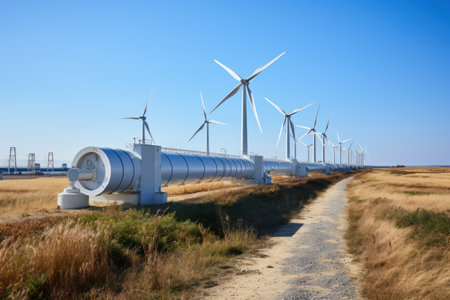 Industrial landscape with pipeline systems, hydrogen alternative energy, pipes pumping hydrogen or gas, wind turbines on the backgroundの素材