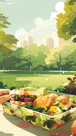 Woman on vacation in park or forest having homemade lunch from lunchbox, picnic and relaxation area, illustrationの素材