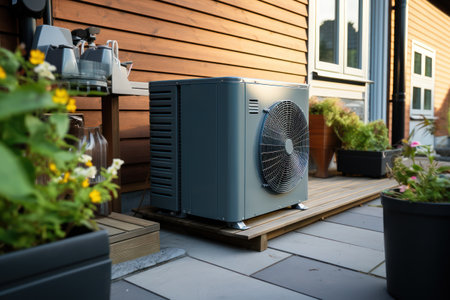 Outdoor unit of air source heat pump near the house, heating and cooling the houseの素材