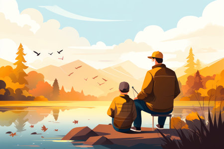 Grandfather and grandson fishing on the river, summer holidays with grandparents, illustrationの素材