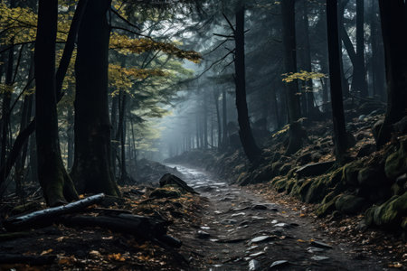 Mystical mysterious fog in the forest at sunsetの素材
