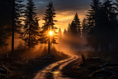 Mystical mysterious fog in the forest at sunsetの素材