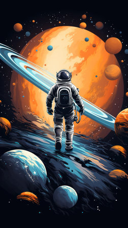 Astronaut in spacesuit standing on uninhabited planet, bright stars and galaxies and planets in the sky, illustrationの素材